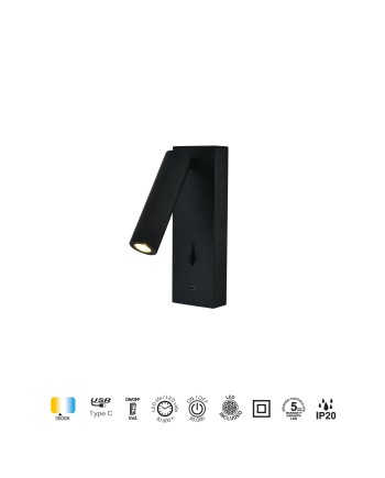TARIFA III * APLIQUE LECTOR LED 3W 3000K NEGRO TYPE-C CARGADOR